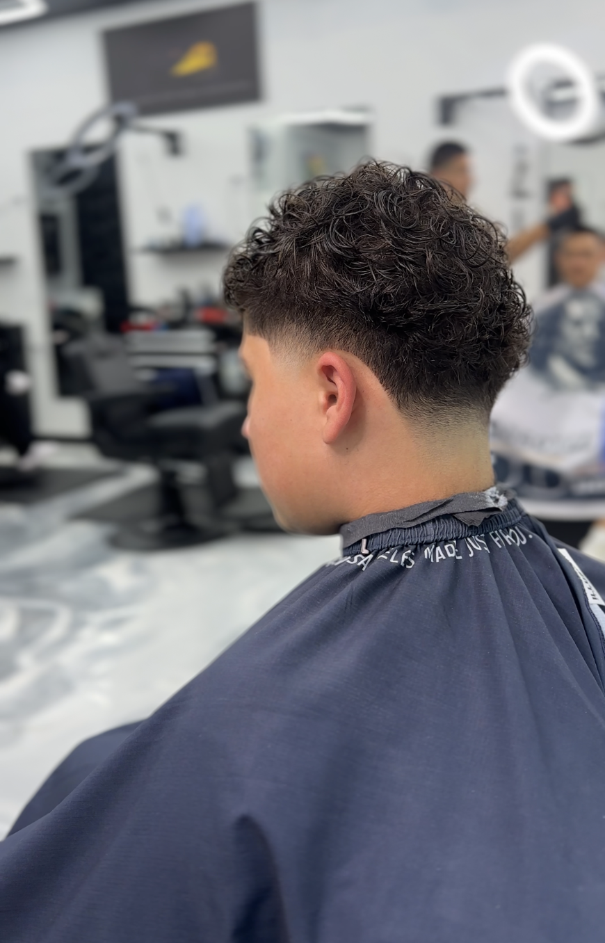 Curly top with low taper fade from the back